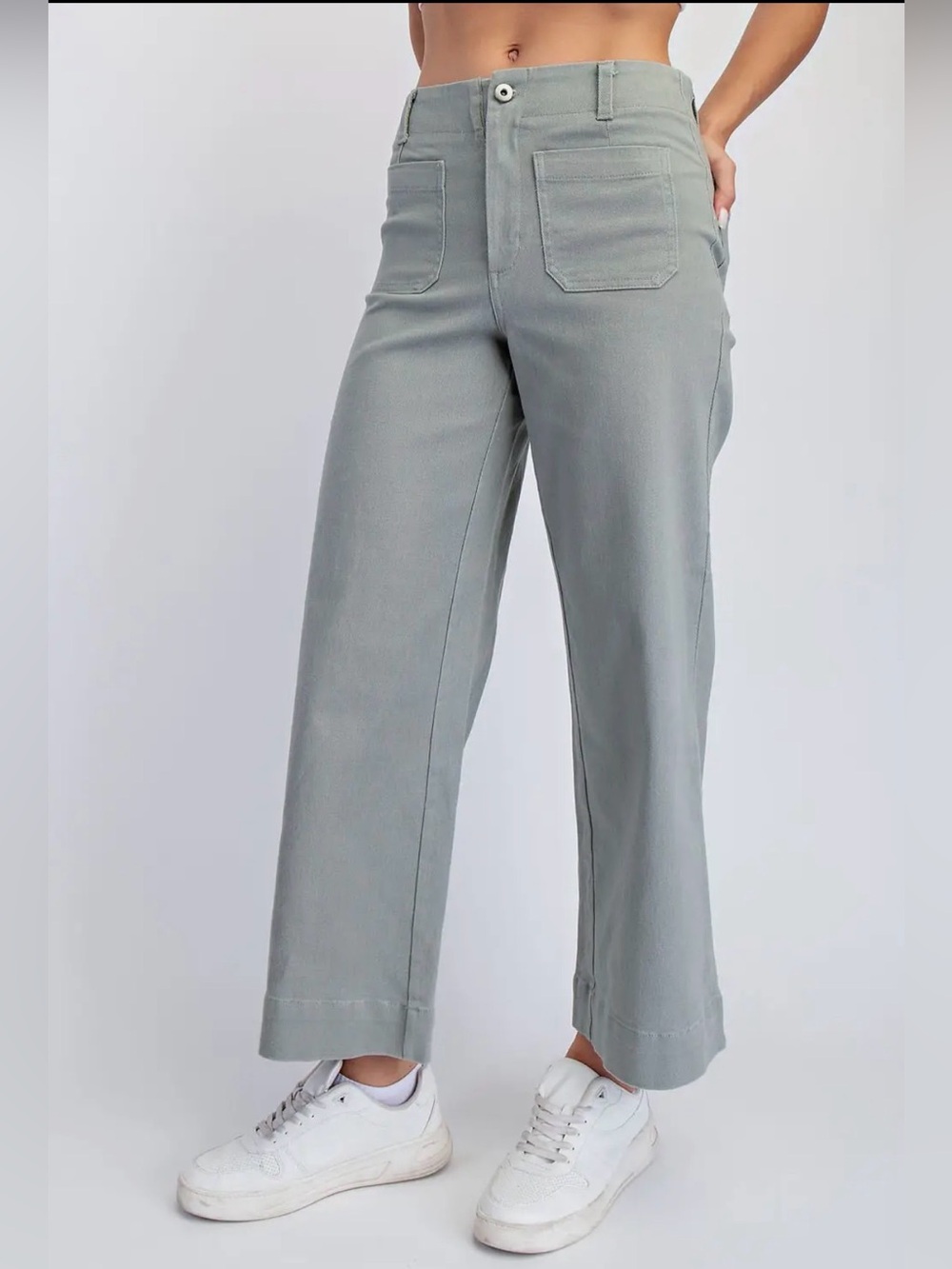 NEW Rae Mode Front Patch Pocket Twill Ankle Wide Pants Colette Style Dusty Sage